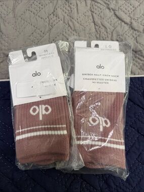 ALO Woman’s Half-Crew Socks in Smokey Quartz/Rose with White Stripe. $25 each